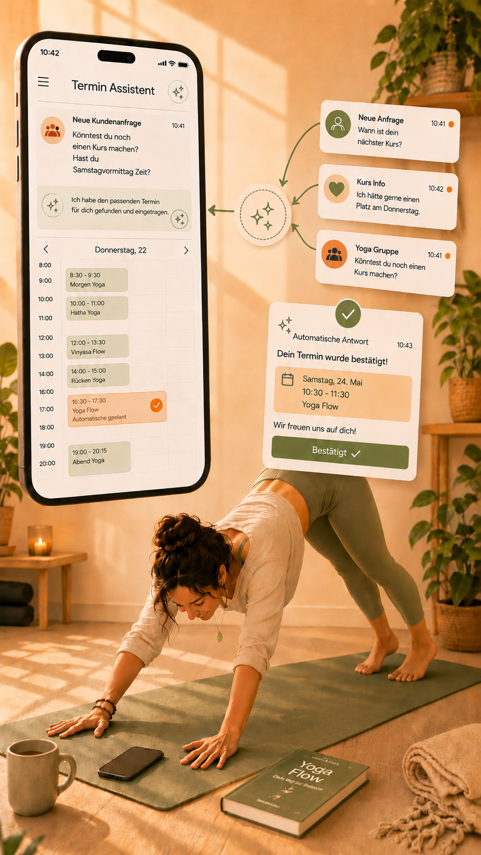 Yogalehrerin macht entspannt Yoga, während ein digitaler Termin-Assistent Anfragen bündelt, Termine einträgt und automatisch bestätigt.