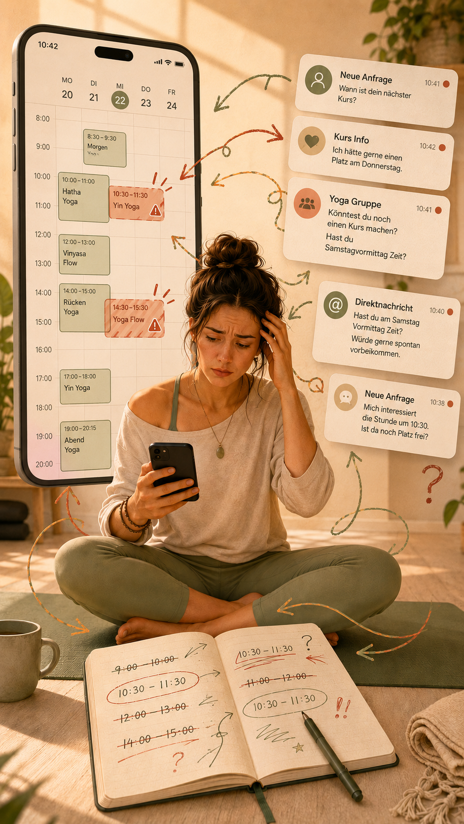 Yogalehrerin sitzt auf der Matte und sucht zwischen vielen Nachrichten und einem überfüllten Kalender nach einem freien Termin.